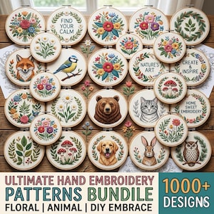 May include: A collection of circular wooden embroidery hoops featuring various stitched designs including floral bouquets, animals like a fox, bear, cat, dog, rabbit, and owl, mushrooms, and text such as Find Your Calm, Nature's Art, and Create & Inspire.