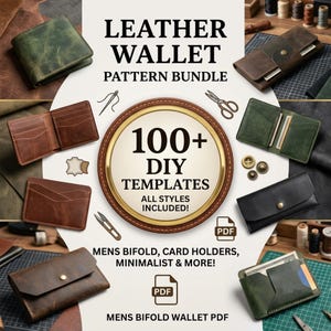 Puede incluir: Un paquete de patrones digitales para carteras de cuero con más de 100 plantillas DIY. La imagen muestra varios diseños de carteras, incluyendo estilos bifold, tarjeteros y carteras largas, junto con iconos de agujas, tijeras y archivos PDF.