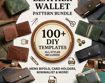 Könnte beinhalten: Ein digitales Schnittmuster-Paket für Ledergeldbörsen mit über 100 DIY-Vorlagen. Das Bild zeigt verschiedene Geldbörsendesigns, darunter Bifold-, Kartenetui- und Langbörsenstile, sowie Symbole für Nadeln, Scheren und PDF-Dateien.