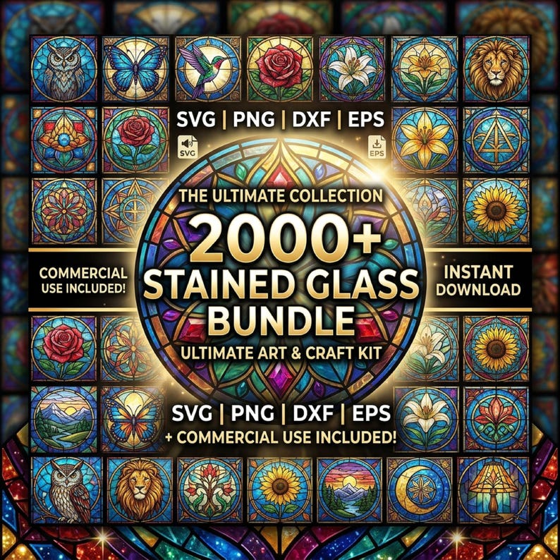Pu&ograve; includere: Una collezione digitale di oltre 2000 disegni di vetrate colorate con motivi come gufi, farfalle, rose, gigli, leoni e girasoli. Il testo centrale recita THE ULTIMATE COLLECTION 2000+ STAINED GLASS BUNDLE ULTIMATE ART & CRAFT KIT.