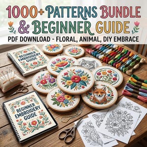 May include: A collection of embroidery supplies including multiple circular hoops with floral and animal designs, two spiral-bound Beginner Embroidery Guide books, colorful embroidery floss, a pin cushion, scissors, and printed pattern sheets.