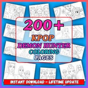 Può includere: Una raccolta di pagine da colorare di KPOP Demon Hunter. L'immagine presenta una varietà di illustrazioni in bianco e nero di personaggi in stile anime. Il testo sull'immagine recita "200+ KPOP DEMON HUNTER COLORING PAGES" e "INSTANT DOWNLOAD - LIFETIME UPDATE".