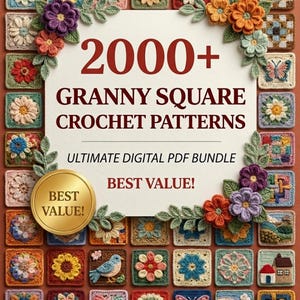 Op de afbeelding: Een digitale PDF-bundel met meer dan 2000 granny square haakpatronen. De afbeelding toont een verscheidenheid aan kleurrijke, handgemaakte haakvierkanten met bloemen-, vlinder- en geometrische ontwerpen. Tekst op de afbeelding luidt "2000+ Granny Square Crochet Patterns".