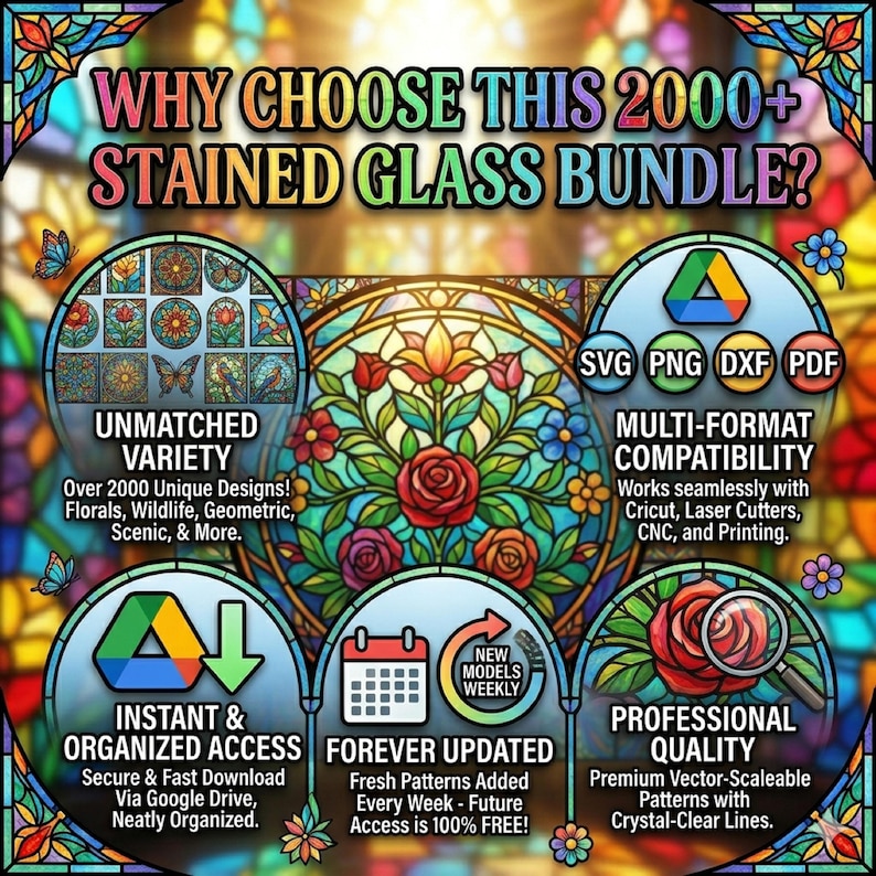 Pu&ograve; includere: Un grafico digitale intitolato WHY CHOOSE THIS 2000+ STAINED GLASS BUNDLE? con cinque pannelli circolari che mostrano motivi in vetro colorato, formati di file come SVG, PNG, DXF, PDF e testo che descrive variet&agrave;, compatibilit&agrave; e accesso.