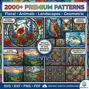 Pu&ograve; includere: Una collezione digitale di oltre 2000 motivi per vetrate artistiche premium con disegni floreali, animali, paesaggistici e geometrici. L'immagine mostra varie illustrazioni colorate tra cui rose, colibr&igrave;, un gufo, una farfalla, un delfino e montagne. Testo: 2000+ PREMIUM PATTERNS, SVG, DXF, PNG, PDF e INSTANT DIGITAL DOWNLOAD.