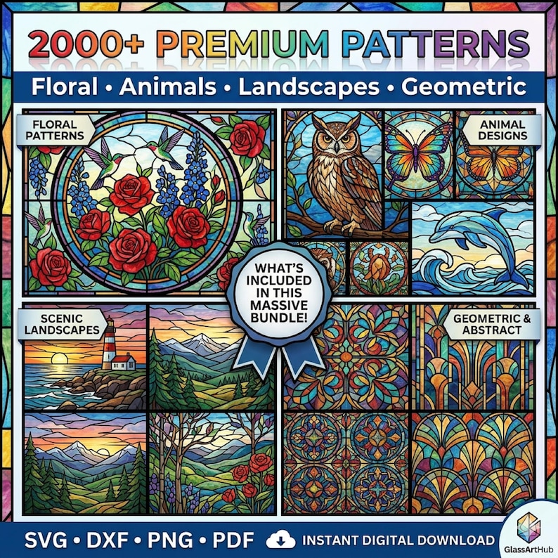 Pu&ograve; includere: Una collezione digitale di oltre 2000 motivi per vetrate artistiche premium con disegni floreali, animali, paesaggistici e geometrici. L'immagine mostra varie illustrazioni colorate tra cui rose, colibr&igrave;, un gufo, una farfalla, un delfino e montagne. Testo: 2000+ PREMIUM PATTERNS, SVG, DXF, PNG, PDF e INSTANT DIGITAL DOWNLOAD.