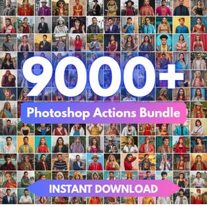 Puede incluir: Una imagen promocional con un collage de diversos retratos que rodean el texto "9000+ Photoshop Actions Bundle" e "Instant Download". La imagen tiene una pancarta morada y azul, con una variedad de personas en diferentes estilos.