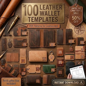 May include: A collection of 100 leather wallet templates featuring various brown, tan, and green leather wallet designs, key fobs, and card holders. The image includes text labels for styles, a sale tag, and a digital tablet displaying a pattern layout.