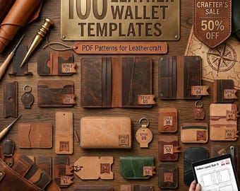 Könnte beinhalten: Eine Sammlung von 100 Ledergeldbörsen-Vorlagen mit verschiedenen braunen, beigen und grünen Ledergeldbörsen-Designs, Schlüsselanhängern und Kartenhaltern. Das Bild enthält Stil-Etiketten, ein Verkaufsschild und ein Tablet mit einem Layout.