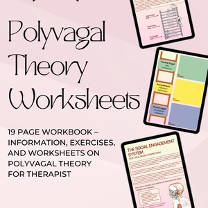 May include: Digital download featuring Polyvagal Theory Worksheets for therapists. The image includes three tablets displaying diagrams and text about the autonomic timeline, social engagement system, and vagal states. The title text is in a stylized font.