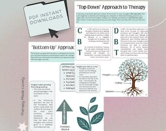 May include: A graphic illustrating two therapeutic approaches: "Bottom-Up" and "Top-Down." The image includes text, diagrams, and a tree representing thoughts, feelings, and behaviors. The phrase "PDF Instant Downloads" is also visible.