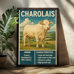 Charolais Cattle Wall Art Poster - Charolais Cow Poster - Cow Wall Art - Cow Decor - Cow Breeds - Cowboy Art - Animal Lover - Animal Poster