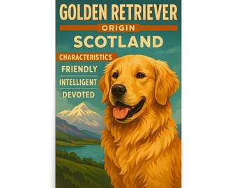 May include: A poster featuring a Golden Retriever with the text "Golden Retriever Origin Scotland." The poster includes the characteristics: friendly, intelligent, and devoted. The background shows a landscape with mountains and a lake.