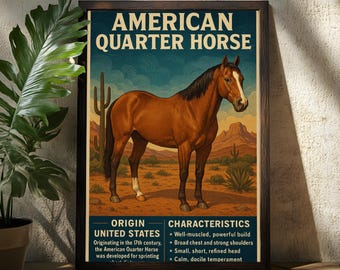May include: A framed poster featuring an illustration of an American Quarter Horse. The horse is brown with a white blaze, set against a desert landscape. Text at the top reads "AMERICAN QUARTER HORSE." Below, text details the horse's origin in the United States and its characteristics.