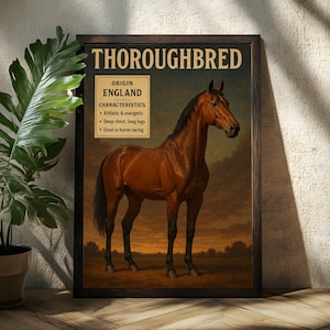 Peut inclure: Une affiche encadrée représentant un cheval pur-sang brun. L'affiche comprend le texte "THOROUGHBRED" et "ORIGIN ENGLAND". Les caractéristiques énumérées sont "Athlétique et énergique", "Poitrine profonde, longues jambes" et "Utilisé dans les courses de chevaux".