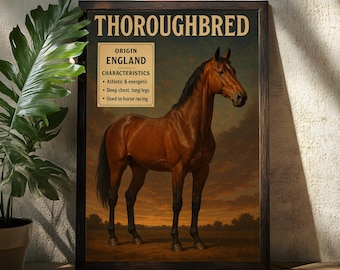 May include: A framed print featuring a brown thoroughbred horse. The print includes text that reads "THOROUGHBRED" and "ORIGIN ENGLAND". Characteristics listed are "Athletic & energetic", "Deep chest, long legs", and "Used in horse racing".