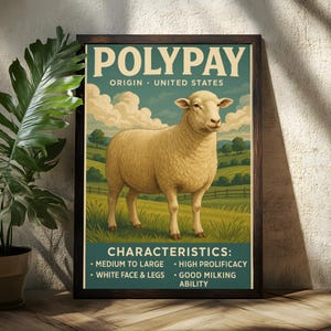 以下が含まれることがあります： 青い空の下の野原にいる羊を描いた、額入りのヴィンテージスタイルのポスター。「POLYPAY ORIGIN UNITED STATES」と書かれており、「MEDIUM TO LARGE」や「WHITE FACE & LEGS」などの特徴が記載されています。