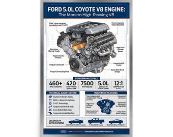 Ford 5.0L Coyote V8 Engine Specs Poster - Mustang GT & F-150 Wall Art - Mechanic Garage Decor - Technical Automotive Infographic
