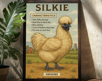 Può includere: Stampa incorniciata con un'illustrazione di un pollo di seta. L'opera d'arte include la parola "SILKIE" in alto, con le caratteristiche elencate di seguito. Lo sfondo raffigura una scena di fattoria con un fienile rosso e un campo.