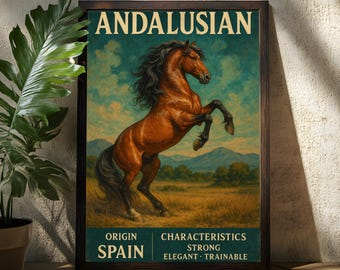 May include: A framed print featuring an Andalusian horse rearing up. The artwork has a vintage style with the word "ANDALUSIAN" at the top. Below, it reads "ORIGIN SPAIN" and "CHARACTERISTICS STRONG ELEGANT TRAINABLE". The horse is brown with a black mane.