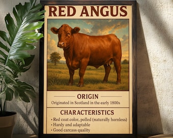 May include: Framed print featuring a Red Angus cow in a field. The artwork includes text stating the origin in Scotland in the early 1800s and characteristics such as red coat color and good carcass quality. The frame is dark brown.