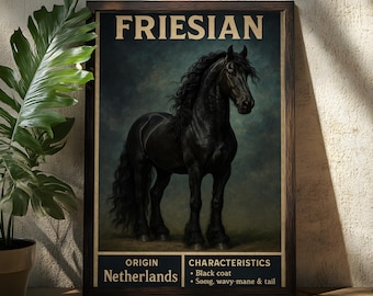 May include: Framed print featuring a Friesian horse. The artwork displays a majestic black horse with a flowing mane and tail. Text at the top reads "FRIESIAN", with details about the horse's origin in the Netherlands and its characteristics.