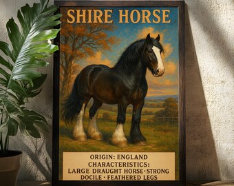 May include: A framed print featuring a Shire horse illustration. The artwork depicts a black horse with white markings and feathered legs, set against a landscape with a blue sky and autumn trees. Text at the top reads "SHIRE HORSE".