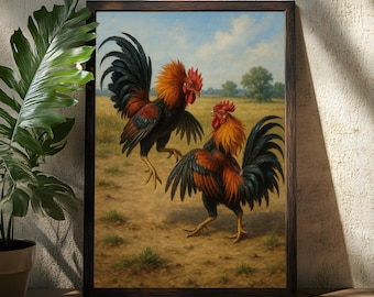 Könnte beinhalten: Gerahmtes Kunstwerk mit zwei Hähnen auf einem Feld. Die Hähne haben leuchtend orange und rote Federn mit schwarzen Schwanzfedern. Der Hintergrund zeigt einen blauen Himmel, grüne Bäume und ein Feld mit trockenem Gras. Der Rahmen ist dunkelbraun.