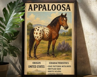 May include: A framed vintage-style print featuring an Appaloosa horse. The horse has a brown and white spotted coat, black mane and tail, and is set against a landscape with mountains and a blue sky. Text at the top reads "APPALOOSA".