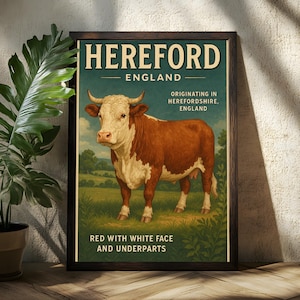 Hereford Cattle Poster - Hereford Wall Art - Cow Art - Cattle Art Decor - Cattle Breeds - Animal Art Poster - Farm Art Poster - Farmer Art -