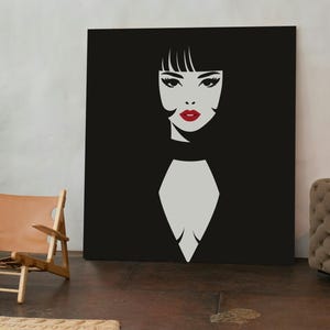 Illustrazione minimalista di un abito nero: look iconico con labbra color rubino per location di lusso - Serie n. 6