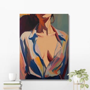 Ritratto femminile sensuale: disegno in stile fauve di una bella donna con camicetta aperta - Download digitale