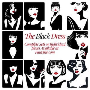 La serie completa di abiti neri su tela - Serie di abiti neri minimalisti: Illustrazione di moda iconica su tela con labbra color rubino
