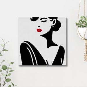 Illustrazione minimalista di un abito nero: look iconico con labbra color rubino per locali di lusso, serie Black Dress n. 2