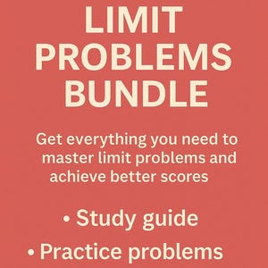 Pode incluir: Um fundo vermelho com texto branco que diz "LIMIT PROBLEMS BUNDLE". Abaixo do texto, h&aacute; uma lista do que est&aacute; inclu&iacute;do no pacote: um guia de estudo, problemas pr&aacute;ticos e solu&ccedil;&otilde;es.