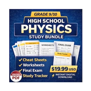 High School Physik Lernpaket (Grad 9/10) | Spickzettel, Arbeitsblätter, Abschlussprüfung & Lerntracker | Druckbares PDF