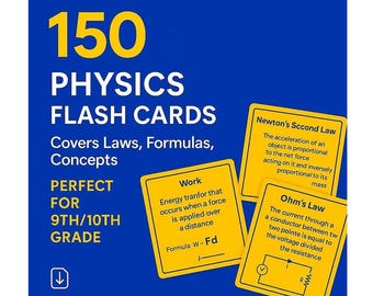 Pacote de Flashcards de Física – Mais de 150 Cartões | Preparação para Exames do 9º e 10º Ano | Movimento, Forças, Energia, Projéteis, Eletricidade, Calor | PDF para Impressão