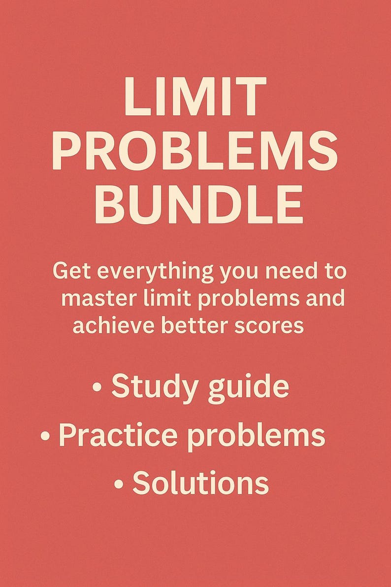 Pode incluir: Um fundo vermelho com texto branco que diz "LIMIT PROBLEMS BUNDLE". Abaixo do texto, h&aacute; uma lista do que est&aacute; inclu&iacute;do no pacote: um guia de estudo, problemas pr&aacute;ticos e solu&ccedil;&otilde;es.