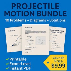 Può includere: Un download digitale blu e bianco per un pacchetto di moto dei proiettili con 10 problemi, diagrammi e soluzioni. Il testo "Projectile Motion Bundle" è in un carattere grande e in grassetto. Il testo "10 Problems + Diagrams + Solutions" è in un carattere più piccolo. Il testo "Printable, Exam-Level, Instant PDF" è in un elenco di controllo. Il testo "Launch Price 9,99 €" è in un rettangolo rosso.