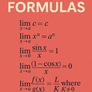 Pode incluir: Um fundo vermelho com texto branco que l&ecirc; "LIMIT FORMULAS" e lista v&aacute;rias f&oacute;rmulas matem&aacute;ticas de limites.