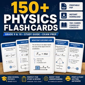 May include: A set of 150+ physics flashcards for grade 9 and 10 study and exam prep. The cards feature white backgrounds with blue headers, displaying key concepts like Newton's Second Law, Kinetic Energy, Ohm's Law, and Gravitational Force.