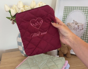 Quilted Cherry Red Kindle Sleeve: Embroidered Cotton E-Reader Cover with Zipper