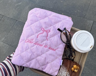 Quilted Pink Kindle Sleeve: Embroidered Cotton E-Reader Cover with Zipper