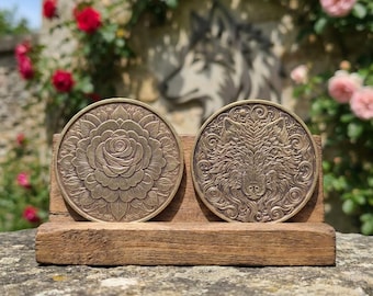 Rose Wolf Brass Coin: Starry Front, Blooming Rose Back (40mm Acrylic Case)