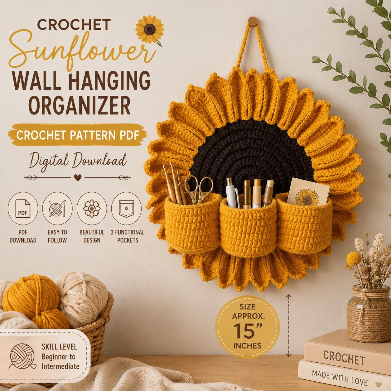 28 Large Sunflower Crochet Patterns: Brighten Your Home with DIY Decor 3 Crochet Sunflower Wall Hanging Organizer