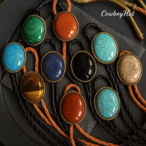 Natural Gemstone Bolo Tie Turquoise or Tiger Eye Cowboy Necktie Leather Cord Men&#39;s bolo tie Western Wedding Groom Accessories Gift for Him