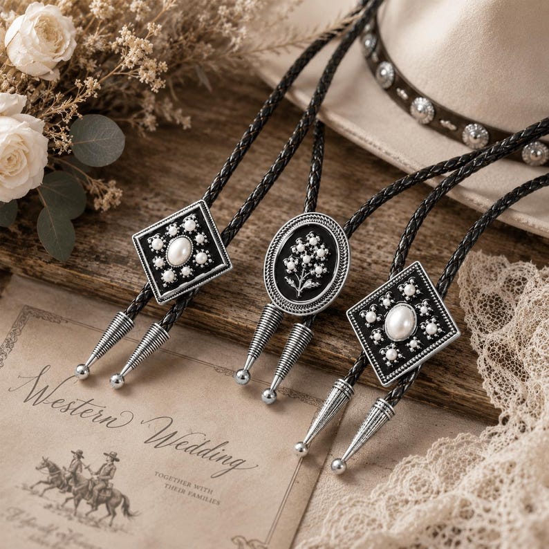 May include: Three bolo ties with black braided cords and decorative silver-toned slides. The bolo tie pendants feature geometric and floral designs with faux pearl accents. A Western Wedding invitation is visible in the background.