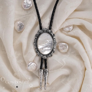Vintage Mother of Pearl Bolo Tie: Western Cowboy Necktie, Platinum Plated
