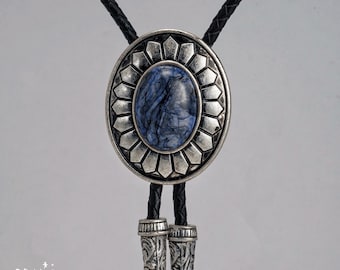 Blue Gemstone Bolo Tie: Western Cowboy Silver Necktie Leather Cord Bolo Ties