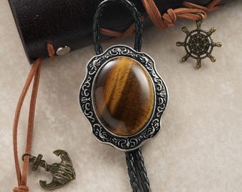 Vintage Western Bolo Tie for Men: Tiger Eye Gemstone Cowboy Necktie, Vegan leather cord